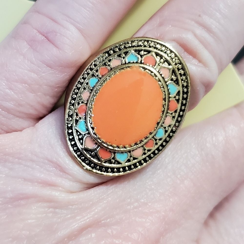 Gold tone peach blue pink enamel oval ring Size 9